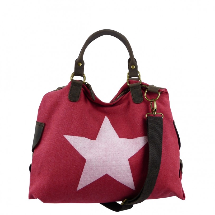 ITAL. WOMEN'S SHOULDER BAG SHOPPER IN CANVAS AND LEATHER WITH STAR PRINT SHCV2626