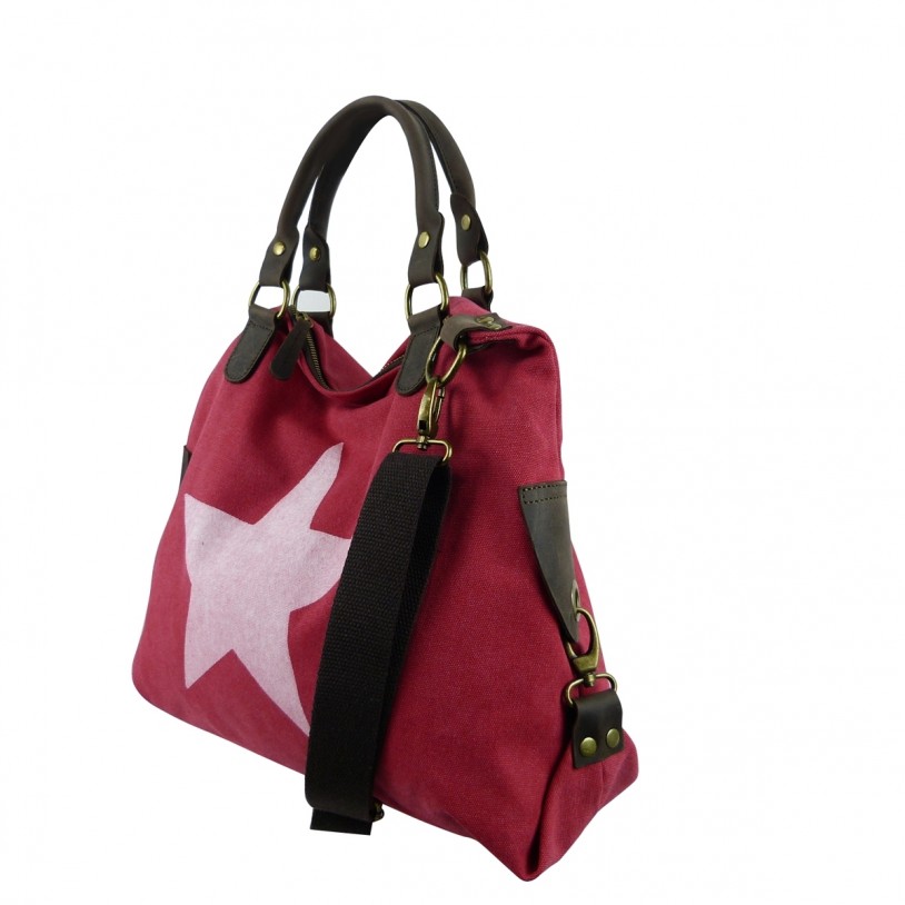 ITAL. WOMEN'S SHOULDER BAG SHOPPER IN CANVAS AND LEATHER WITH STAR PRINT SHCV2626